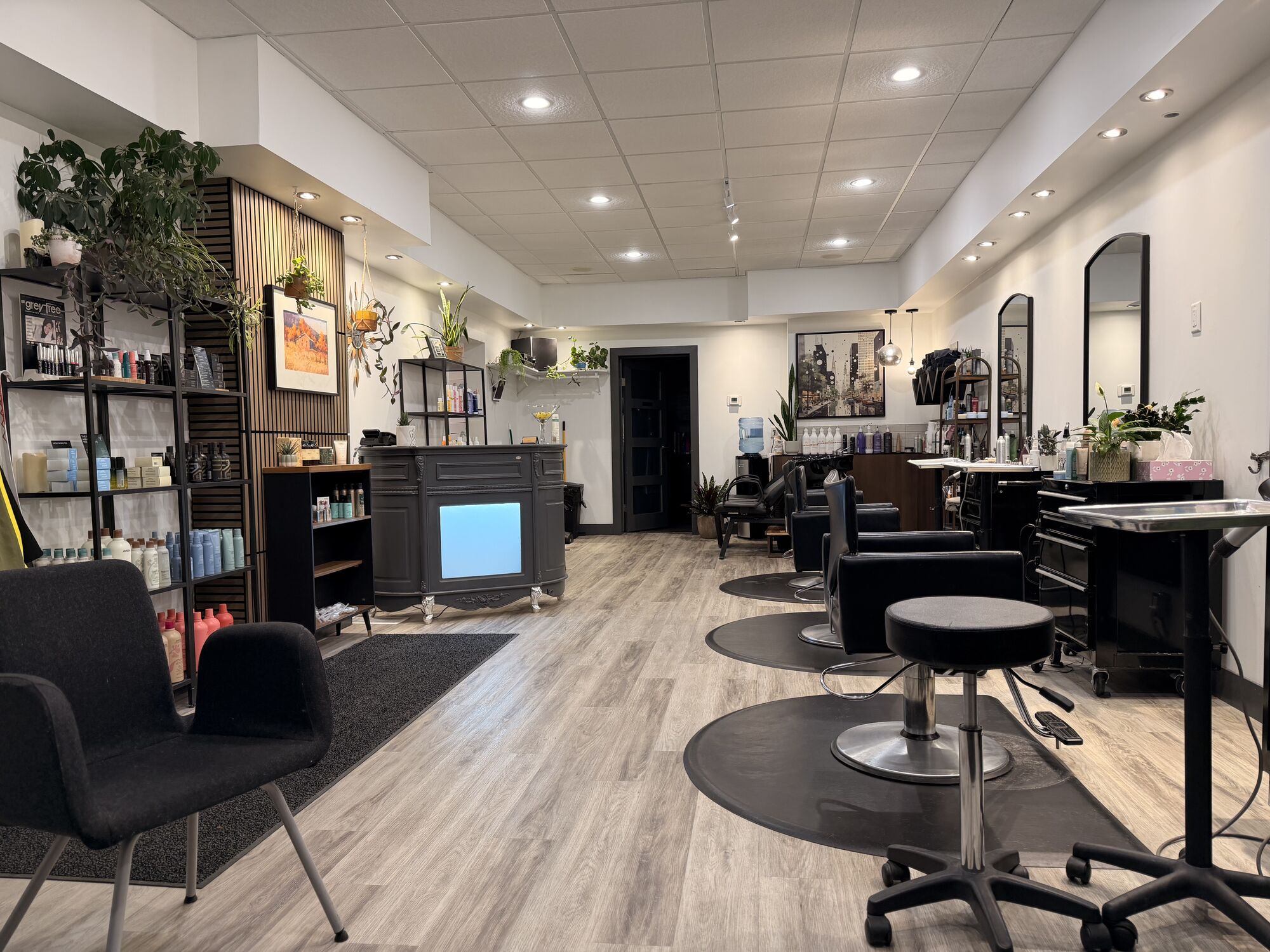 Bright, open styling floor at Cabello Salon + Co. with black styling chairs and plants