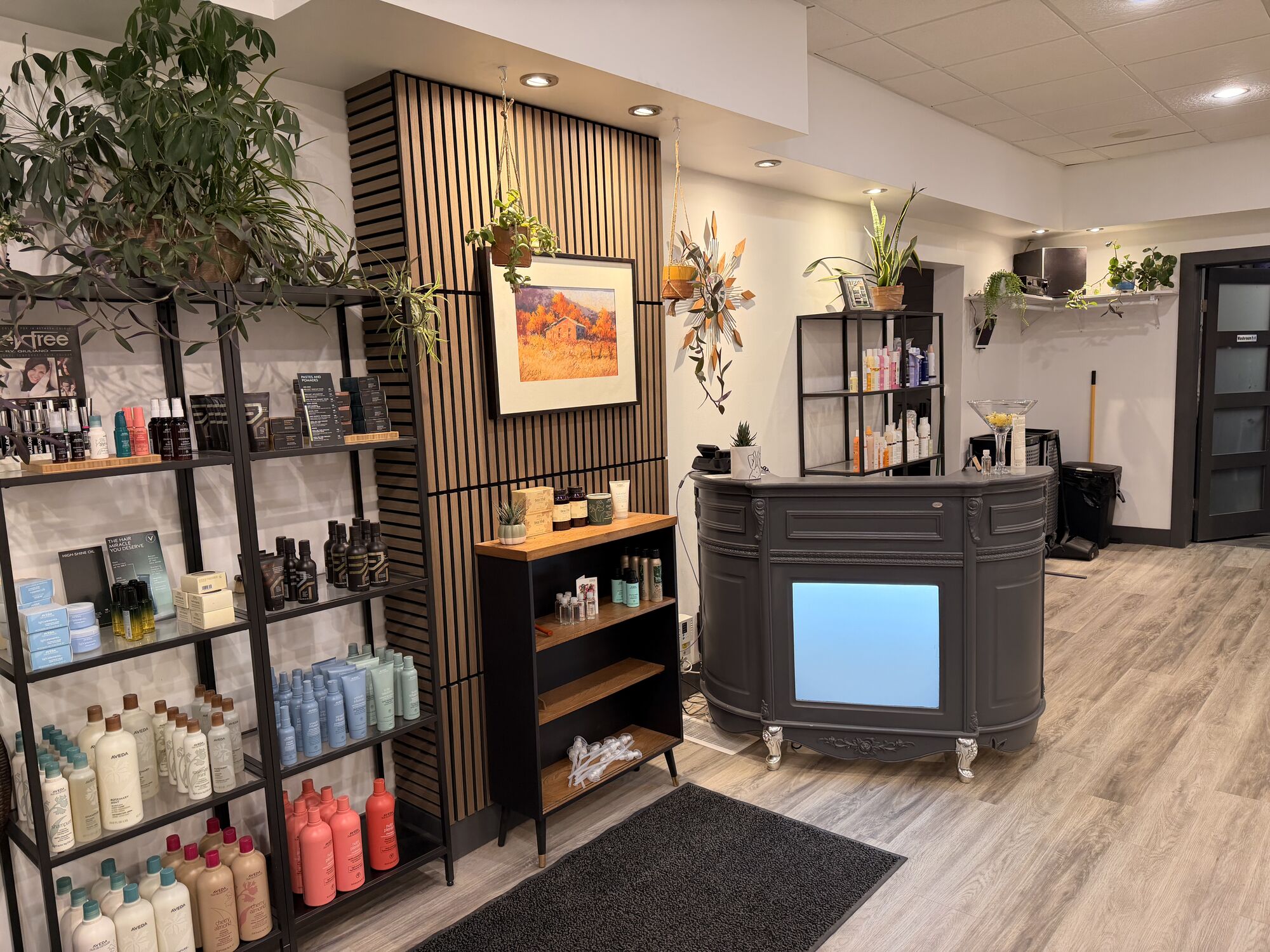 Reception desk framed by wood slats, plants and Aveda products at Cabello Salon + Co.